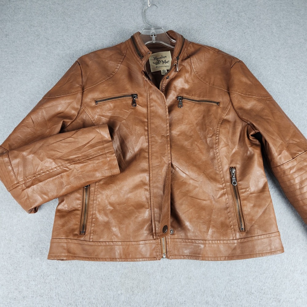 Maralyn & Me Moto Jacket Womens XL Brown Faux Leather Lined Snap Button Full Zip